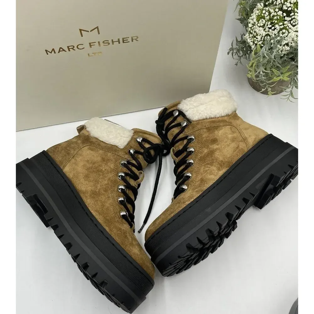 Marc Fisher Womens Pierson Lug Sole Combat Boot Leather/ Shearling‎ Fur 6.5M New